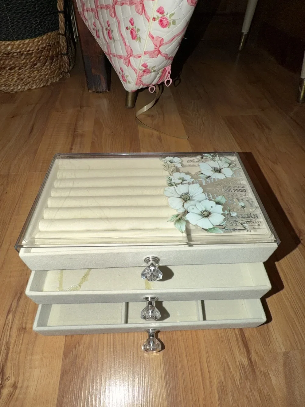 Decorative Cream Floral Jewelry Box with Crystal Knob